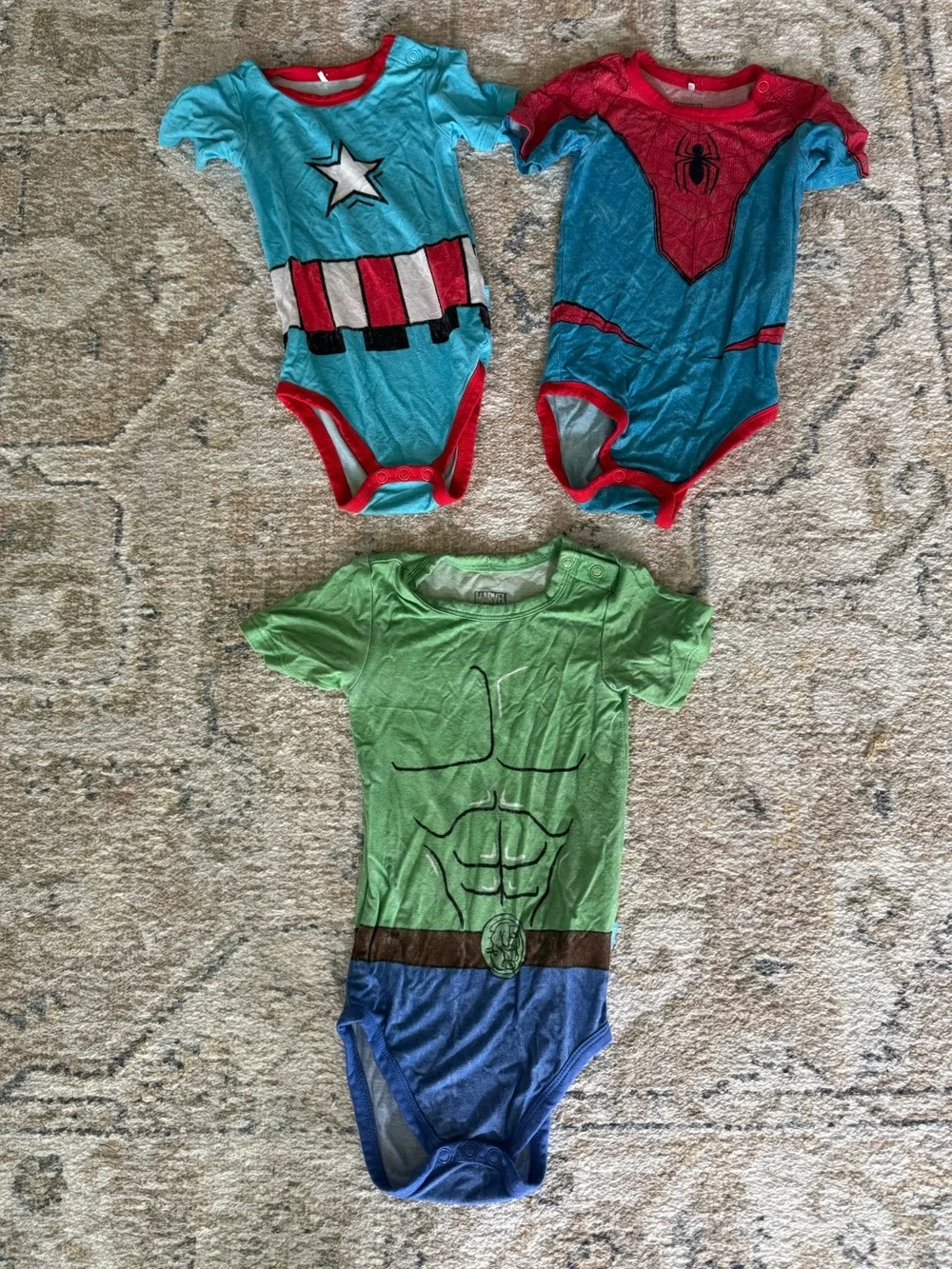 3 Posh peanut Marvel Superhero Bodysuits- Spider-Man, hulk, captain America 12mo